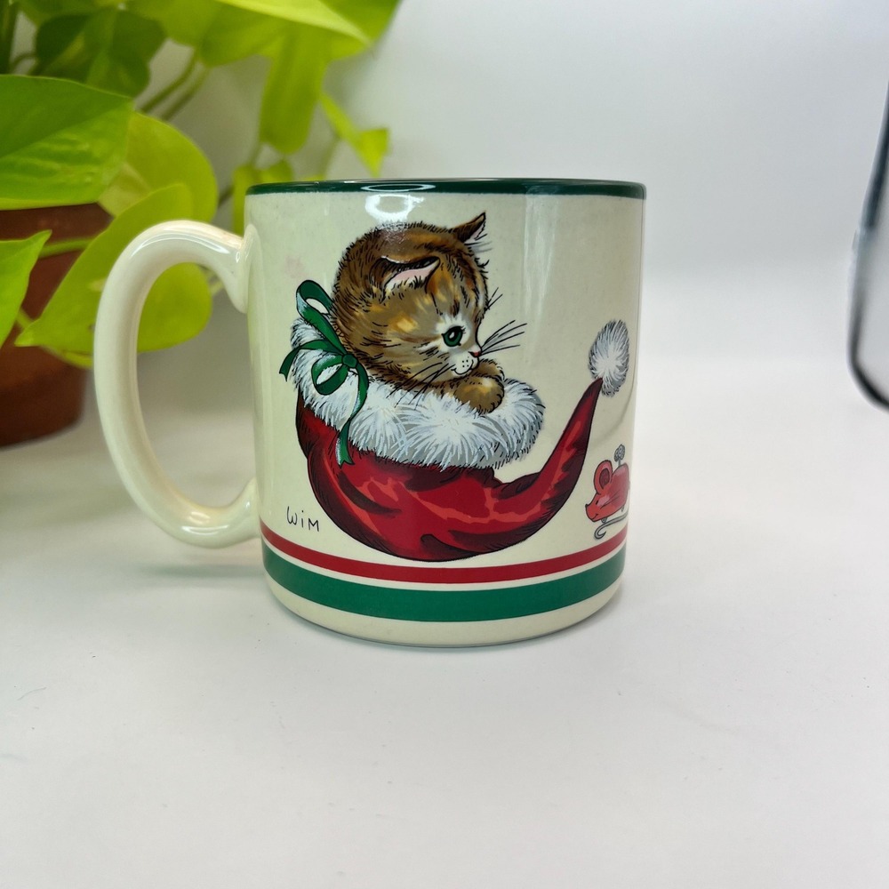 Vintage Potpourri Press Kitten Mug. 1989 Coffee Mug Christmas Cat Wim Schimmel